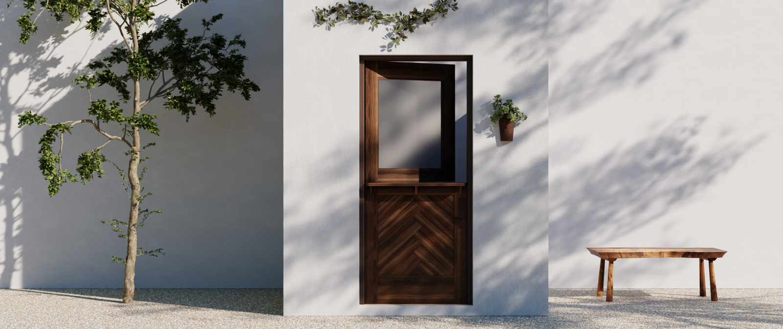 Herringbone dutch door with single glass panel