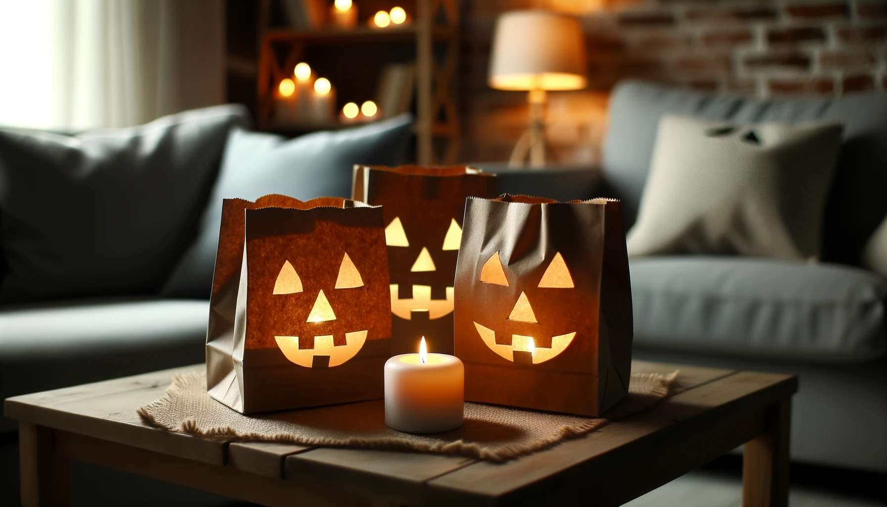 Living room scene with paper bag Jack O Lanterns arranged on a table. The bags emit a warm light from battery-powered candles within, highlighting an eco-friendly and kid-safe Halloween decoration.