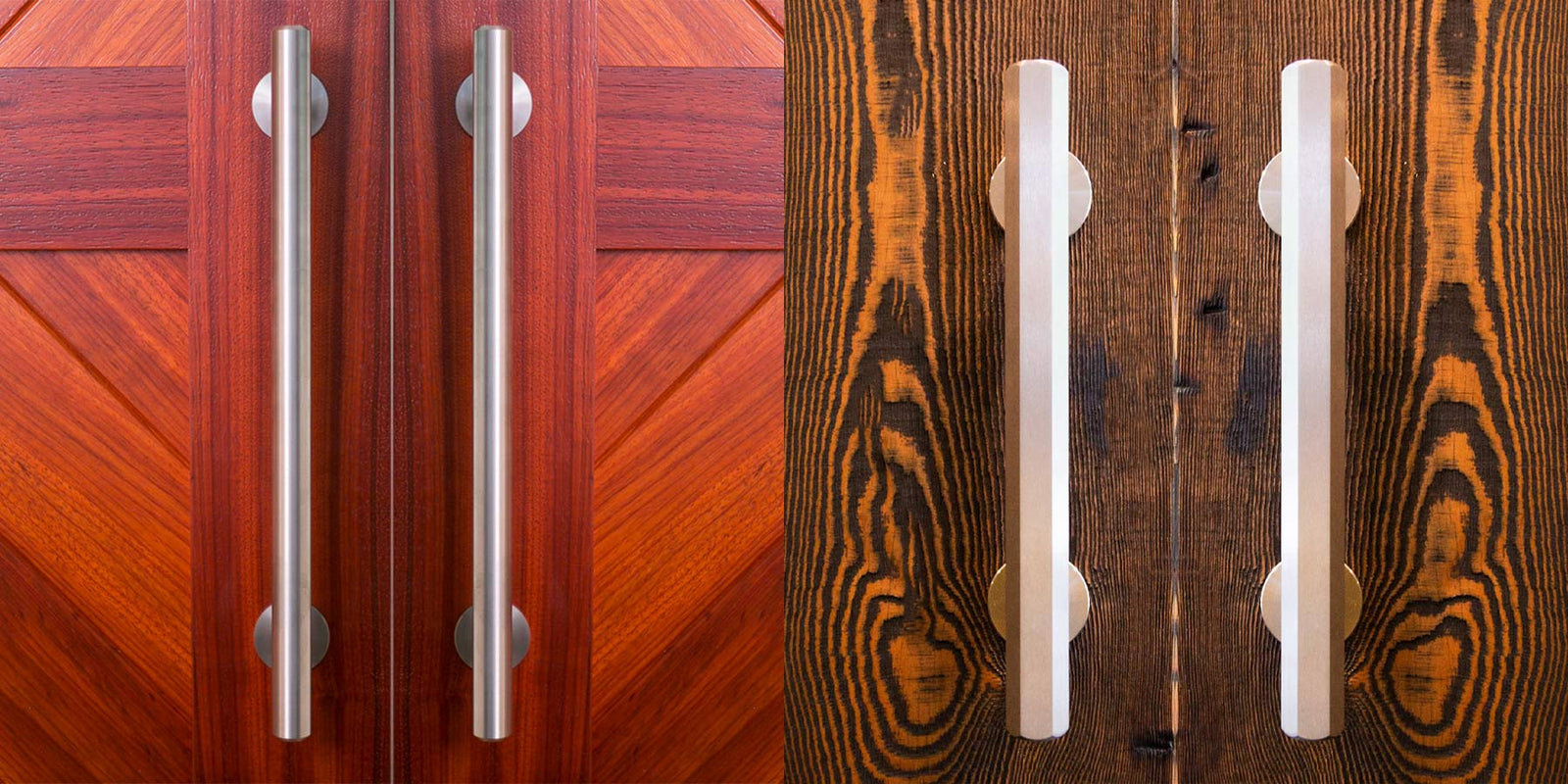 Two sets of stainless steel handles side by side. One installed on red wood doors and the other on reclaimed wood doors.