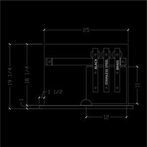 Technical drawing of a product with dimensions and material options on a black background