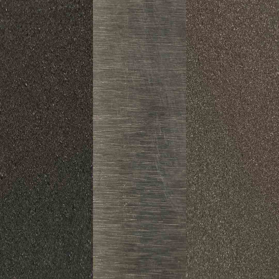 Two different textures of hardware material side by side: Black, stainless steel, and dark bronze.