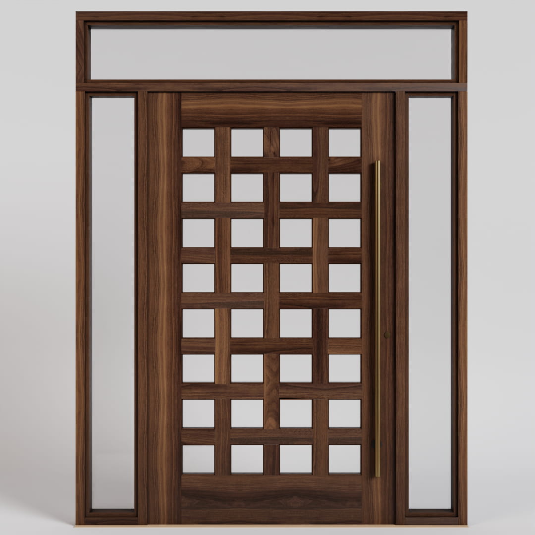 Cambria Basket Weave Pivot Door with sidelights and transom and a long pull handle