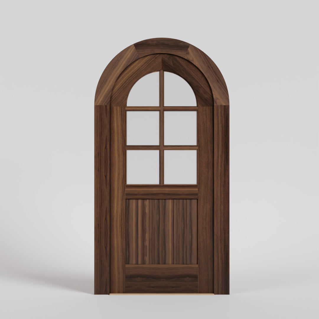 Round top six glass panel door with matching casing in Black Walnut