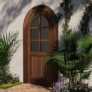 Round top six panel glass door with matching casing in Black Walnut on a modern home with palm trees