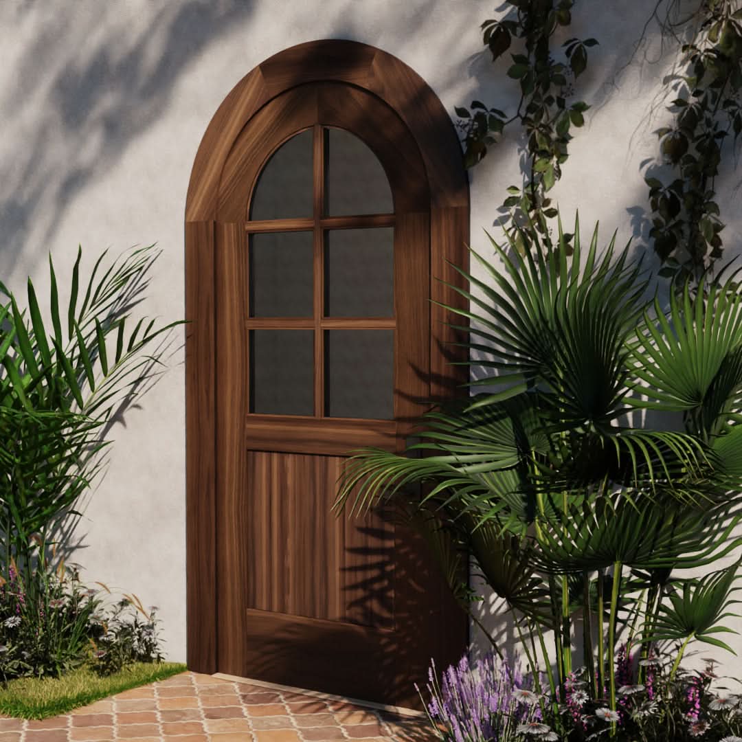 Round top six panel glass door with matching casing in Black Walnut on a modern home with palm trees