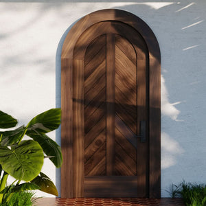 Chevron Panel Round Top Door with matching casing close up