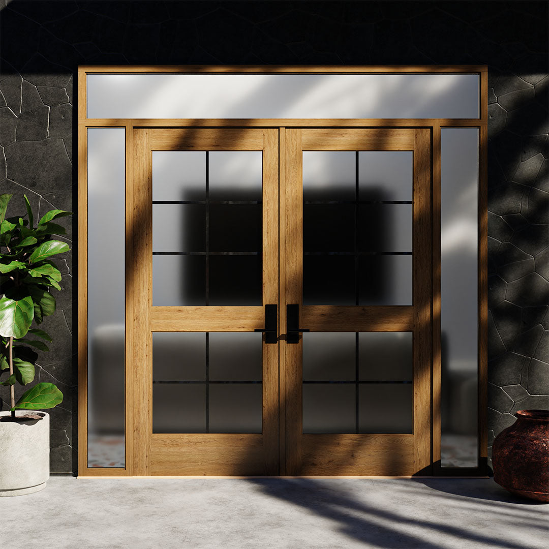 White Oak Double Glass Exterior French Doors with privacy glass on a black wall next to a plan and a vase