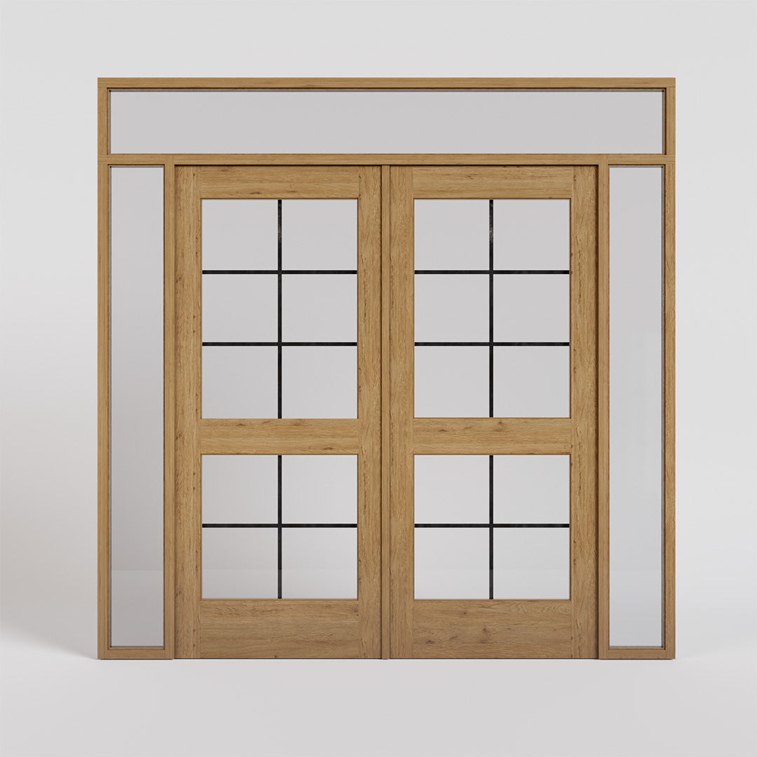 White Oak Double Glass Exterior French Doors with sidelights and transom
