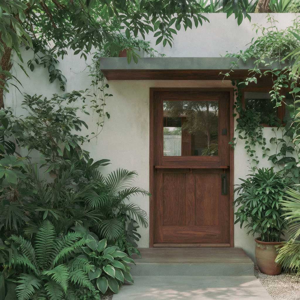 Wooden dutch door of a house surrounded by greenery
