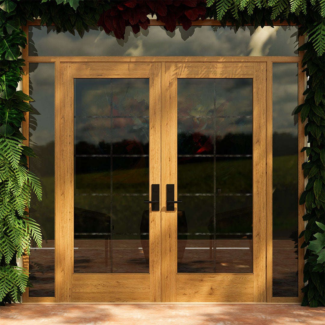 White Oak Full Panel French Glass Exterior Double Doors next to a plant wall
