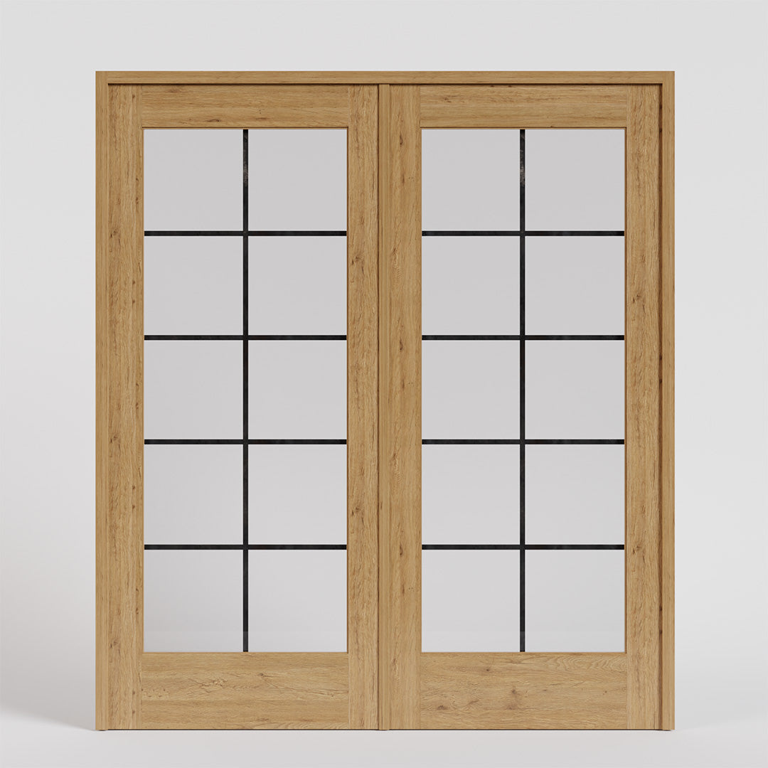Pre-hung White Oak Full Panel French Glass Exterior Double Doors on a white background
