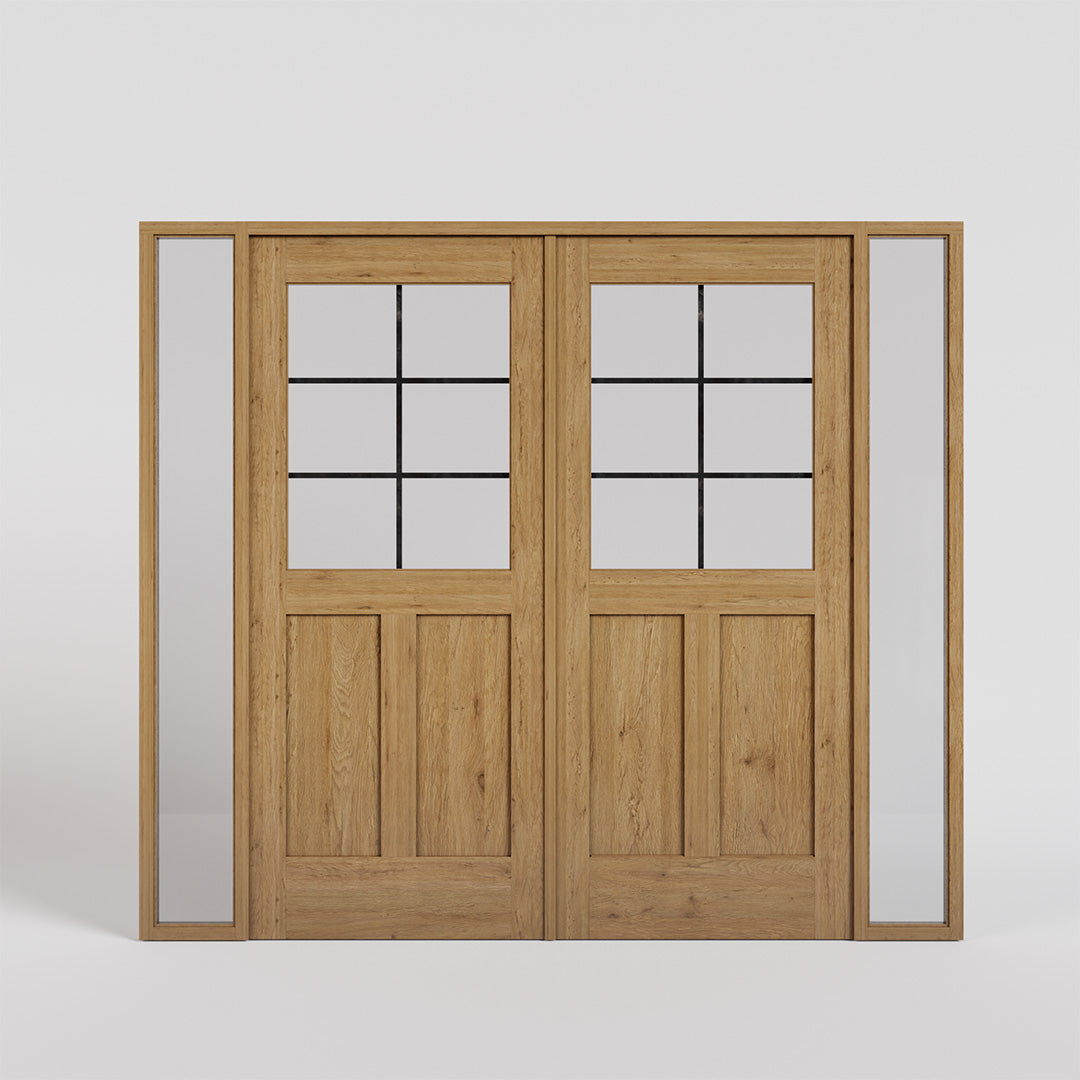 White Oak Half Glass Double French Doors with Sidelights