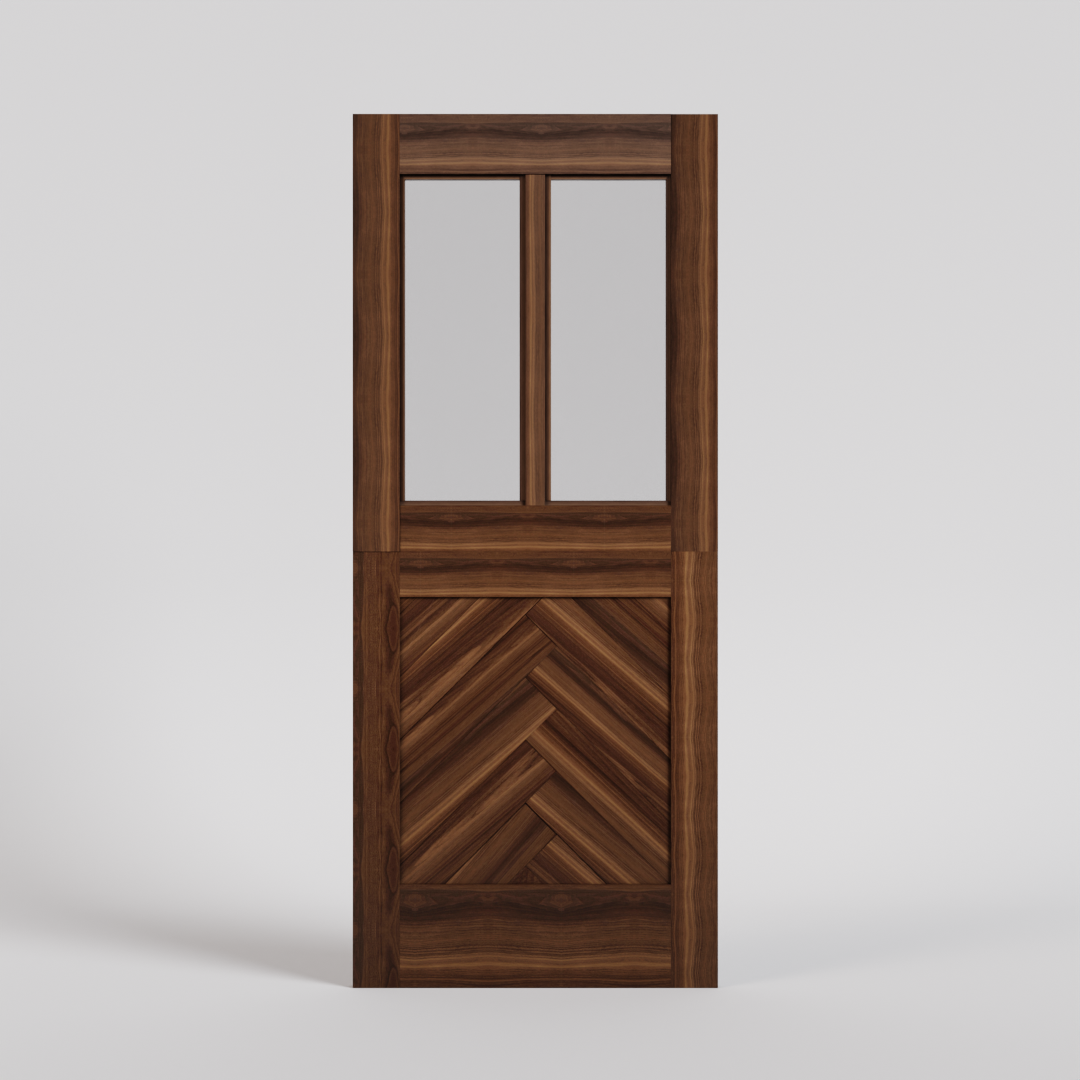 Herringbone Dutch Door with two vertical glass panels. In Black Walnut wood