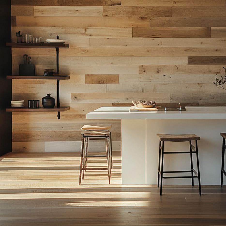 Ithaca Reclaimed Wood Accent Wall Panels in a kitchen