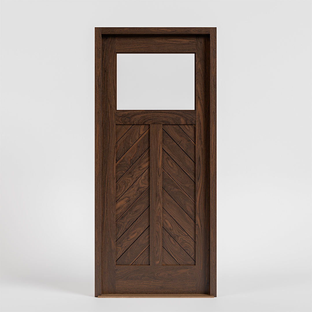 Laguna Chevron Paneled Solid Wood Exterior Door With Window on a white background with casing and threshold