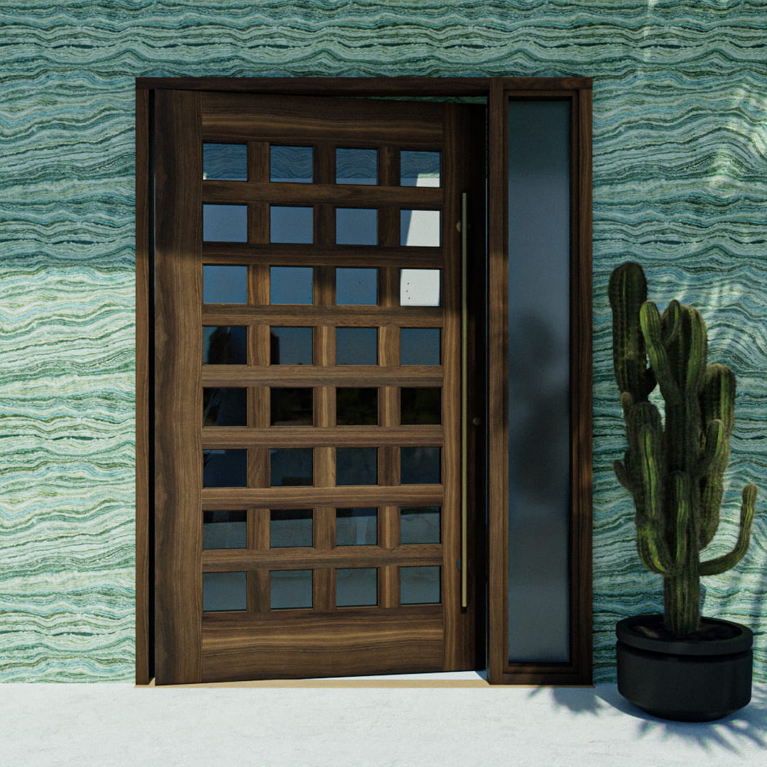 Lindamar 32 Light Pivot Door next to a cactus on a marble wall