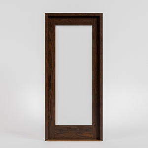 Marin Modern Single Panel Glass Front Door with threshold, jamb on white background.