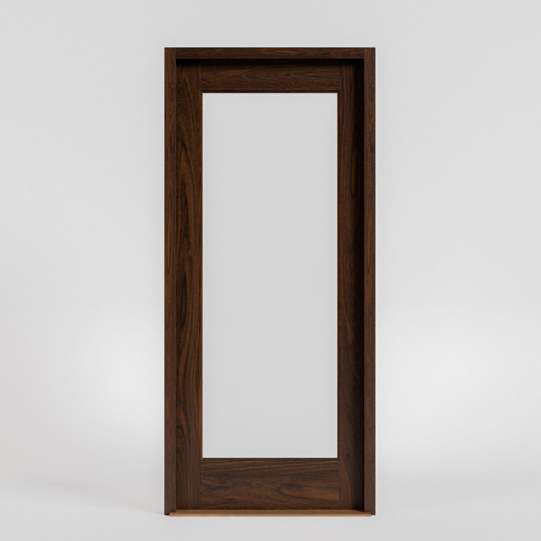 Marin Modern Single Panel Glass Front Door with threshold, jamb on white background.