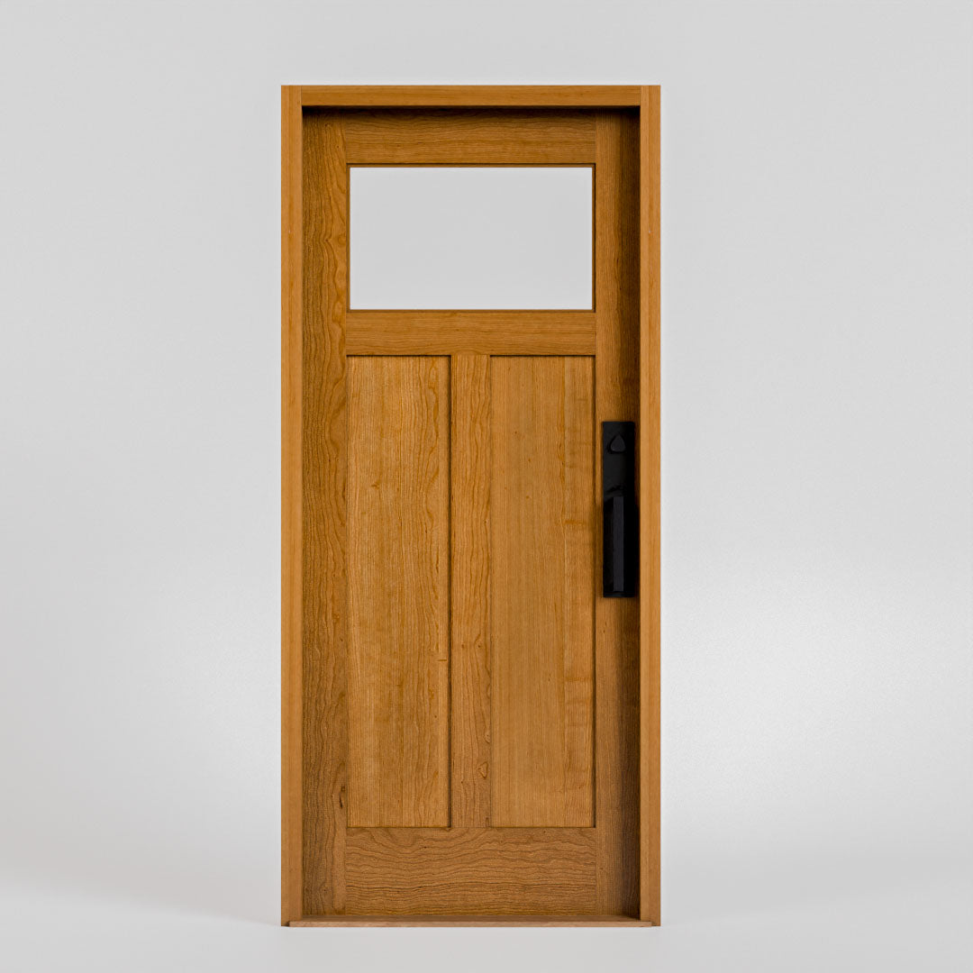 Wooden door with a glass panel on a gray background