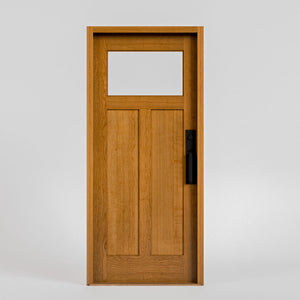 Wooden door with a glass panel on a gray background