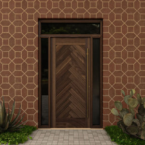 Montauk Herringbone Front Door with sidelights and transom on a terracotta wall