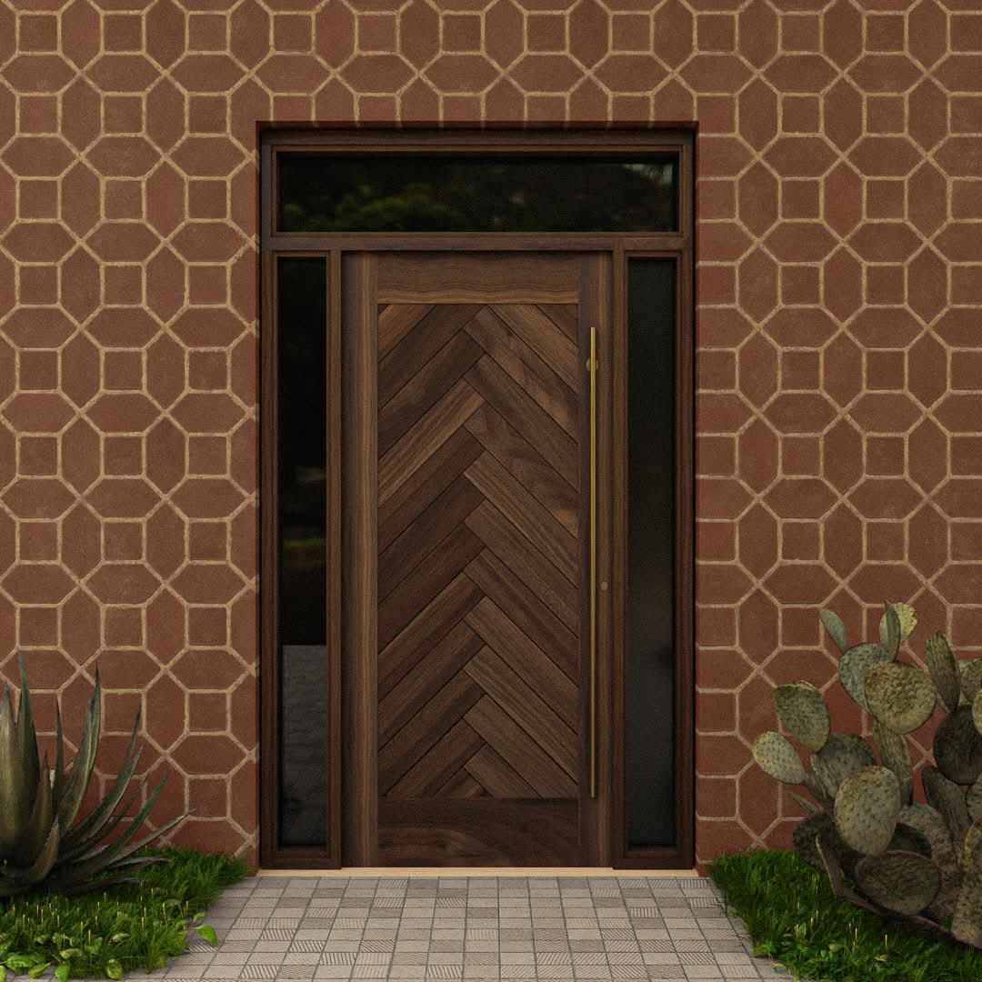 Montauk Herringbone Front Door with sidelights and transom on a terracotta wall