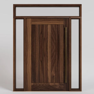 Monterey Single Panel Tongue and Groove Pivot Door with sidelights and transom and a long brass handle