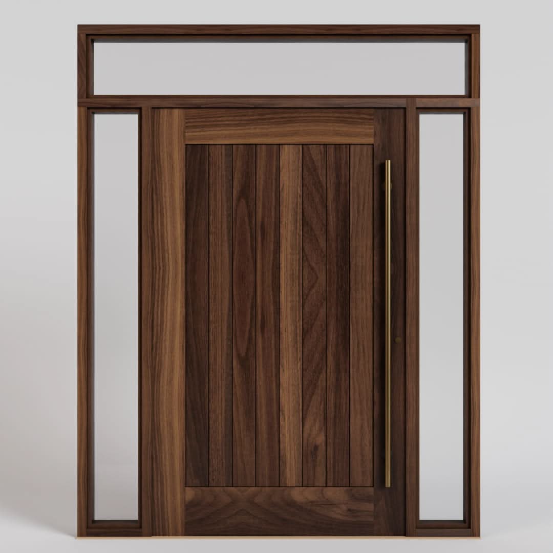 Monterey Single Panel Tongue and Groove Pivot Door with sidelights and transom and a long brass handle