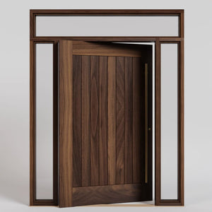 Monterey Single Panel Tongue and Groove Pivot Door with sidelights and transom and a long brass handle