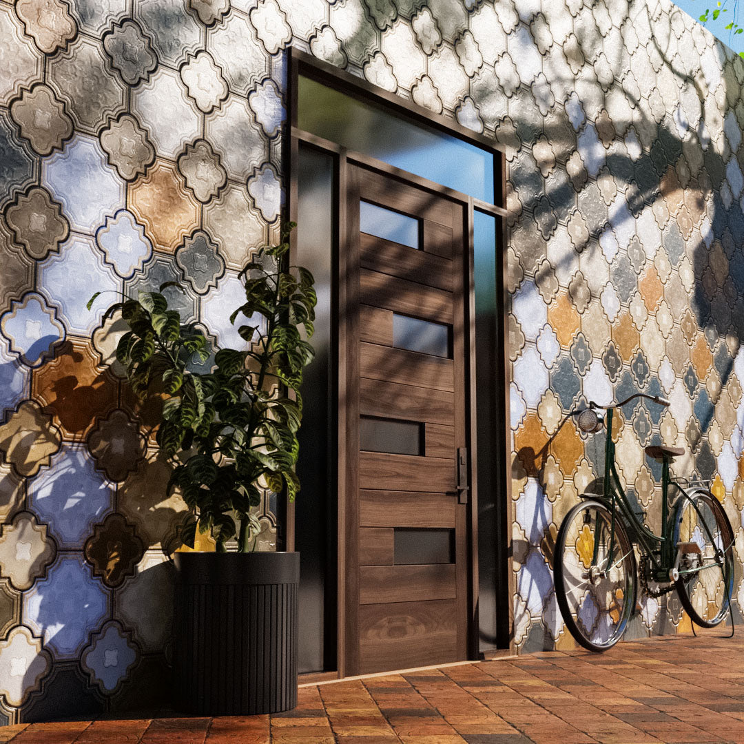 Offset Slat Modern Wood Front Door With Glass next to a bike and plant on a tile wall