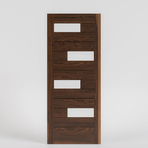 Ojai Offset Slat Modern Wood Front Door With Glass by Real Craft on a white background.