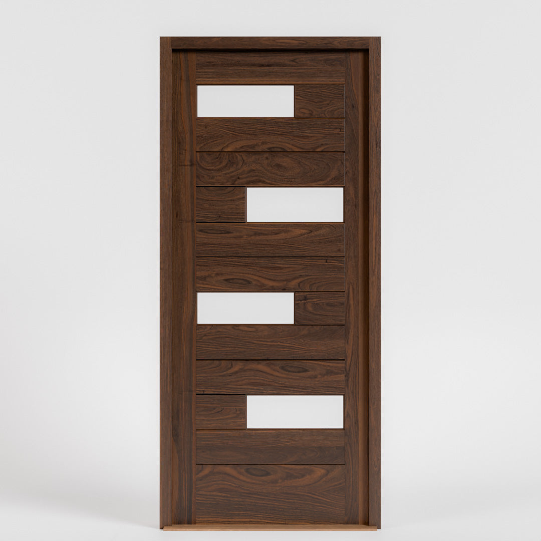 Ojai Offset Slat Modern Wood Front Door With Glass with casing and threshold on white background.