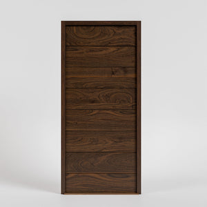 Pacifica Horizontal Plank Modern Entrance Door by RealCaft in walnut wood with matching wood jamb in a white background