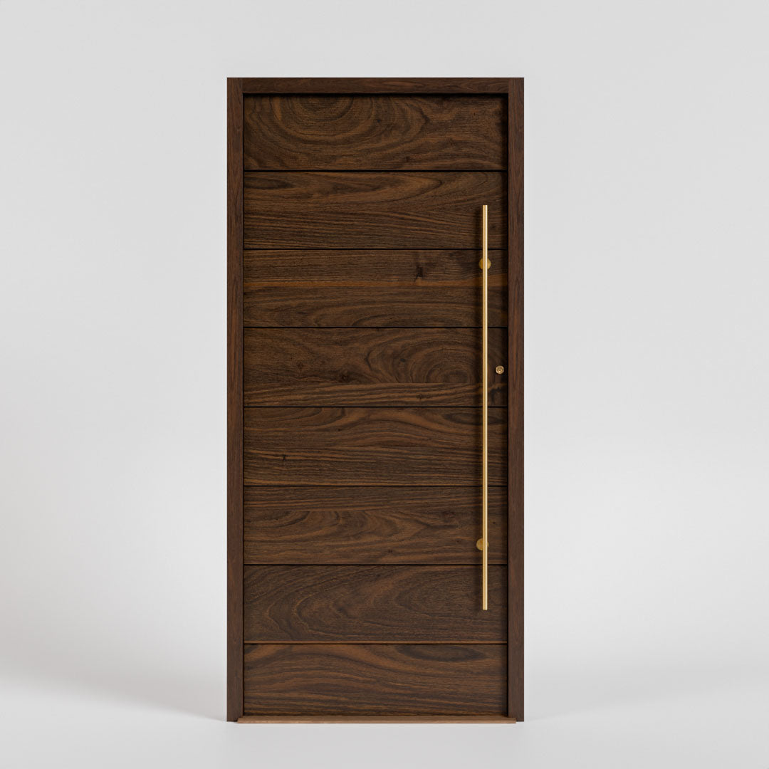 Pacifica Horizontal Plank Modern Entrance Door by RealCaft in walnut wood with a jamb, threshold, and brass long pull handle in a white background