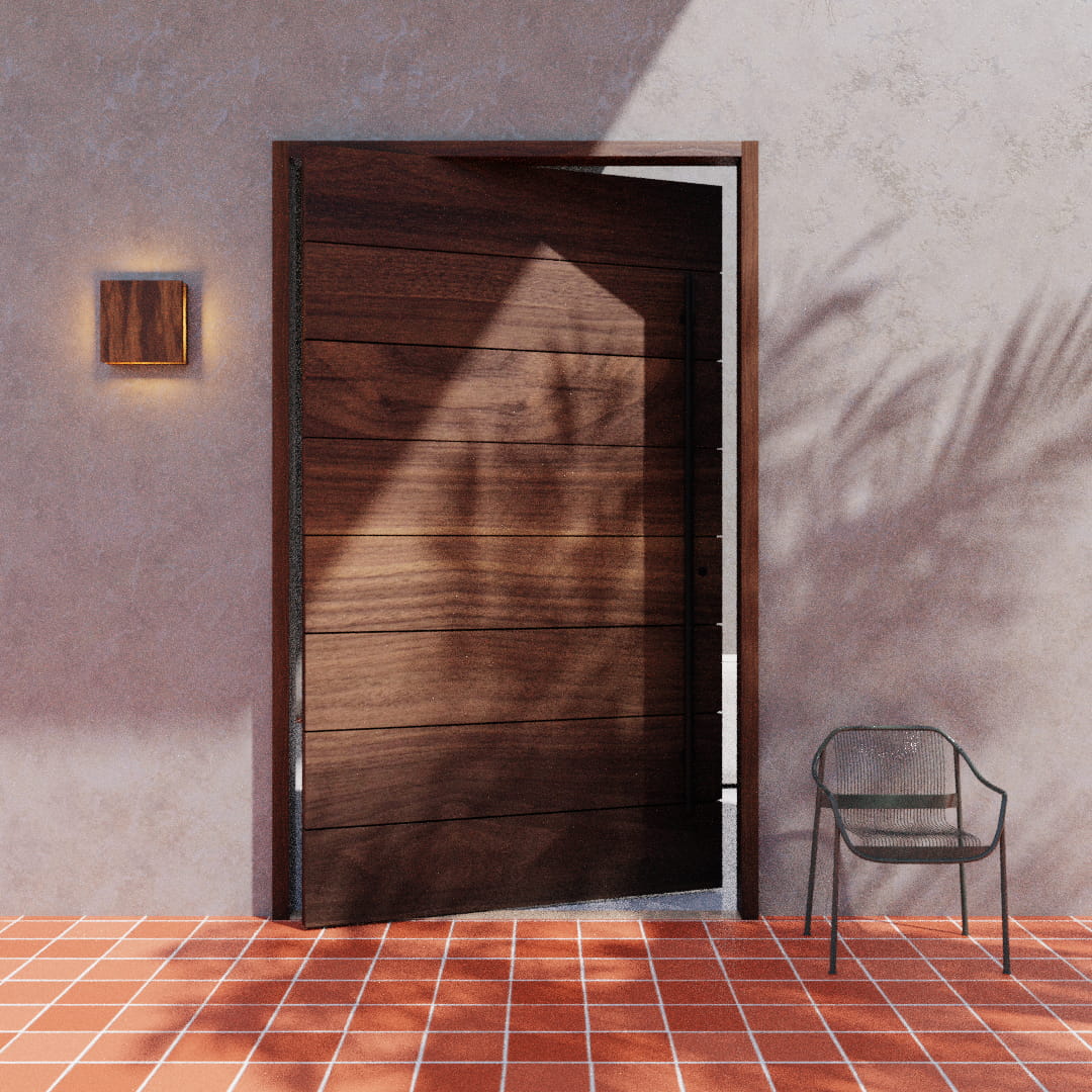 Walnut Wood Pacifica Contemporary Pivot Door on a modern entryway with concrete wall and red tiles next to a chair and a modern wood wall lamp