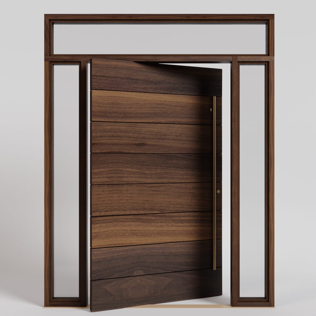 Walnut Wood Pacifica Contemporary Pivot Door with sidelights and transom and a long brass handle