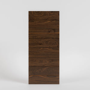 Pacifica Horizontal Plank Modern Entrance Door by RealCaft in walnut wood in a white background