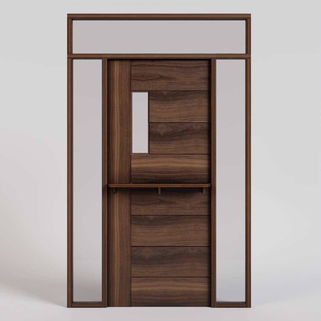 Black Walnut Seabeck Dutch Door with shelf, side lights, and transom window