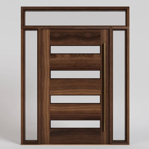 Rodanthe Four Panel Glass Solid Wood Pivot Front Door with sidelights and transom