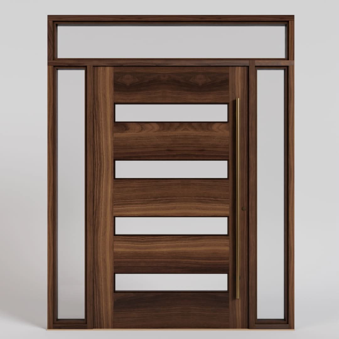 Rodanthe Four Panel Glass Solid Wood Pivot Front Door with sidelights and transom