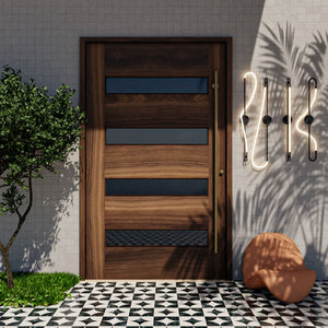 Rodanthe Four Panel Glass Solid Wood Pivot Front Door in a modern entryway