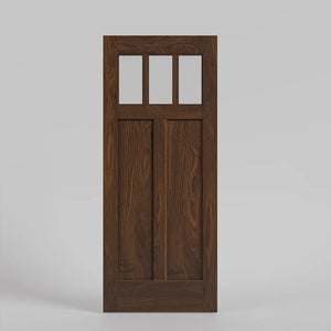 Wooden door with glass panels on a gray background