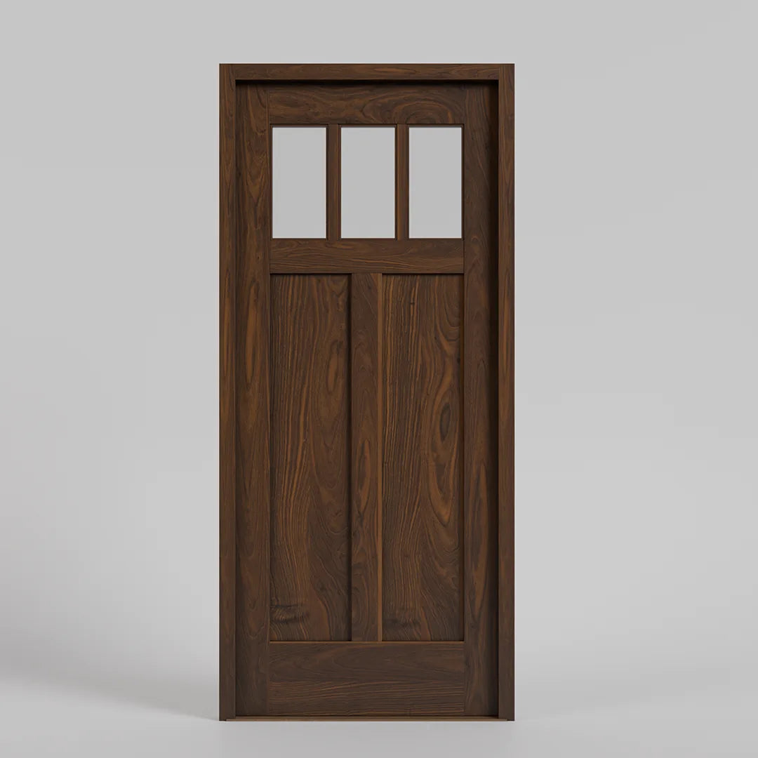 Walnut Wooden front door with a glass panel on a gray background