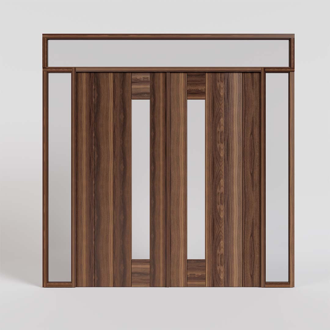 Render of Side Window Double Doors with transom and sidelights in Black Walnut