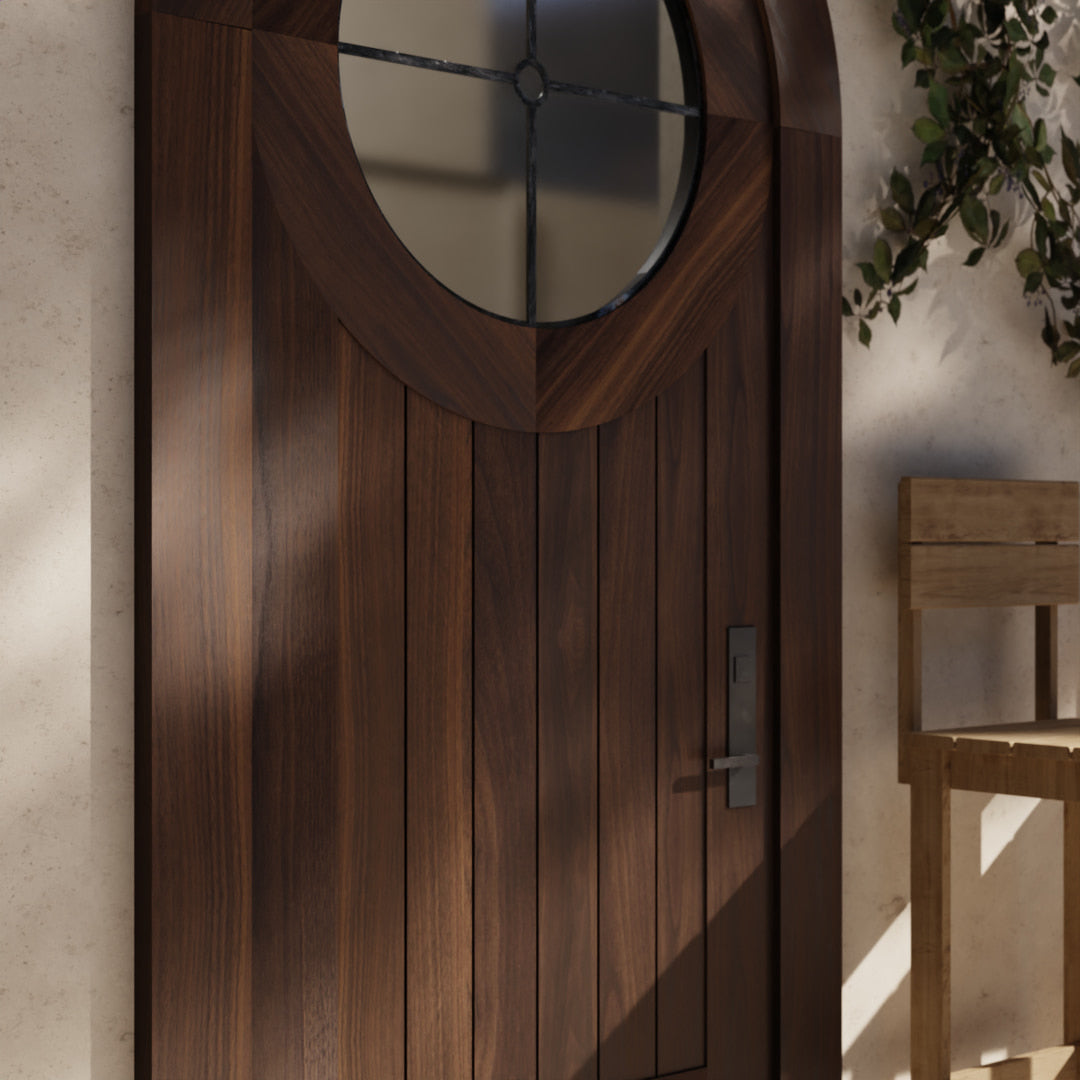 close up of Round Window Door with leaded glass in Black Walnut with matching casing on a modern home