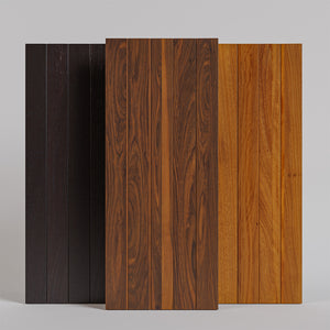 True Plank wooden door panels in three premium hardwoods—walnut, wenge, and sapele mahogany—displaying rich natural finishes.
