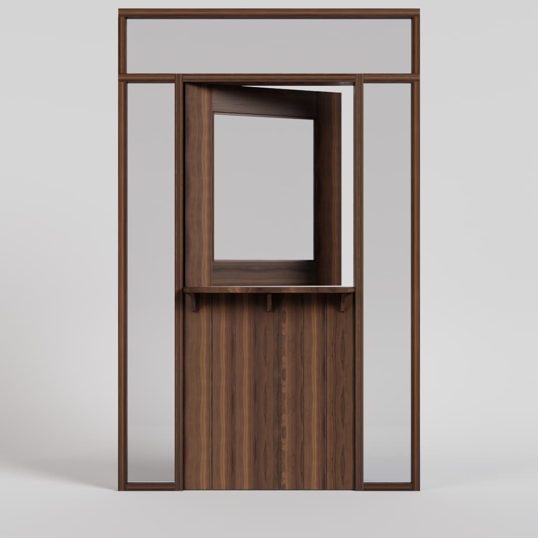 True Plank Glass Dutch Door with shelf, side lights, and transom