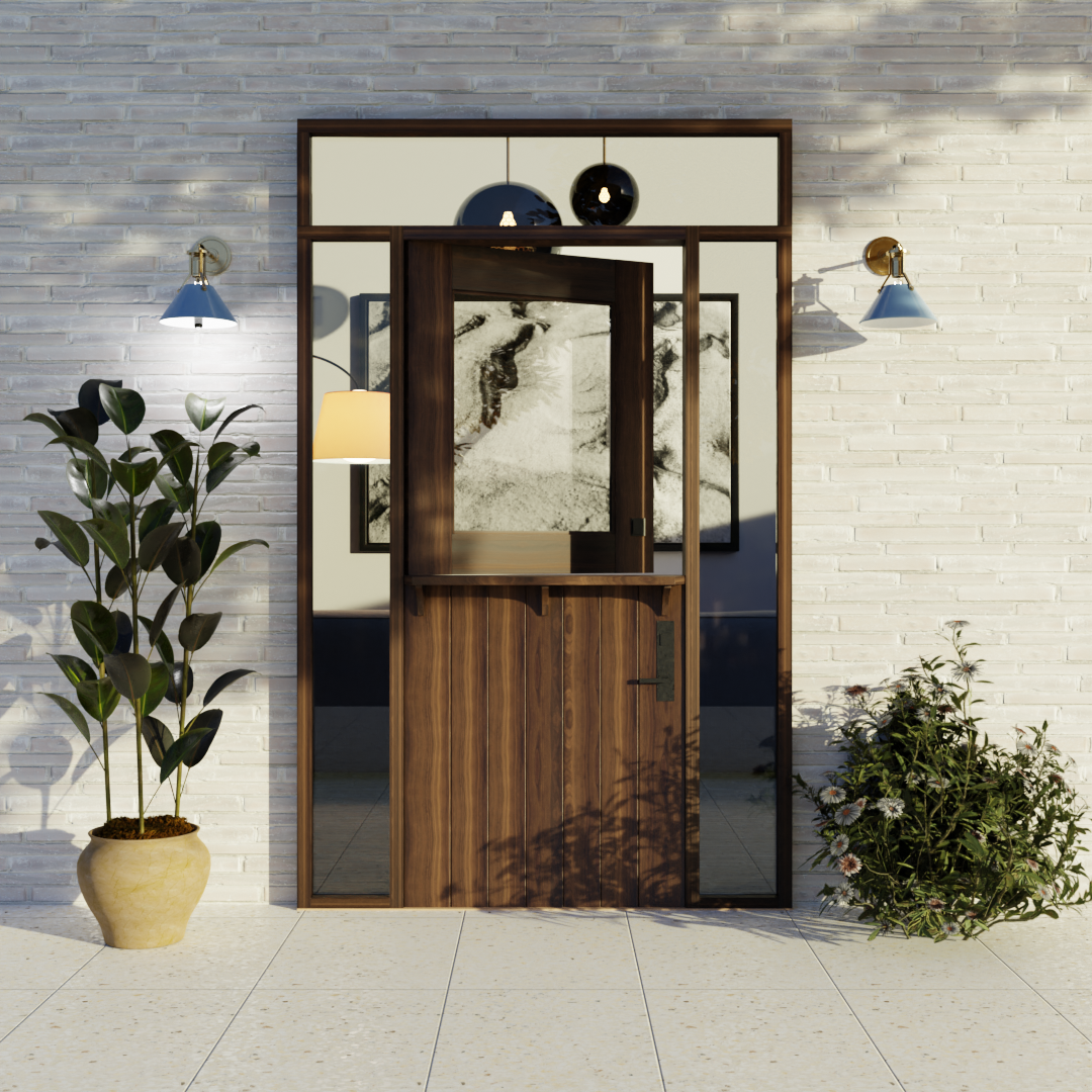 Black Walnut True Plank Dutch Door with side lights and transom windows on a modern home
