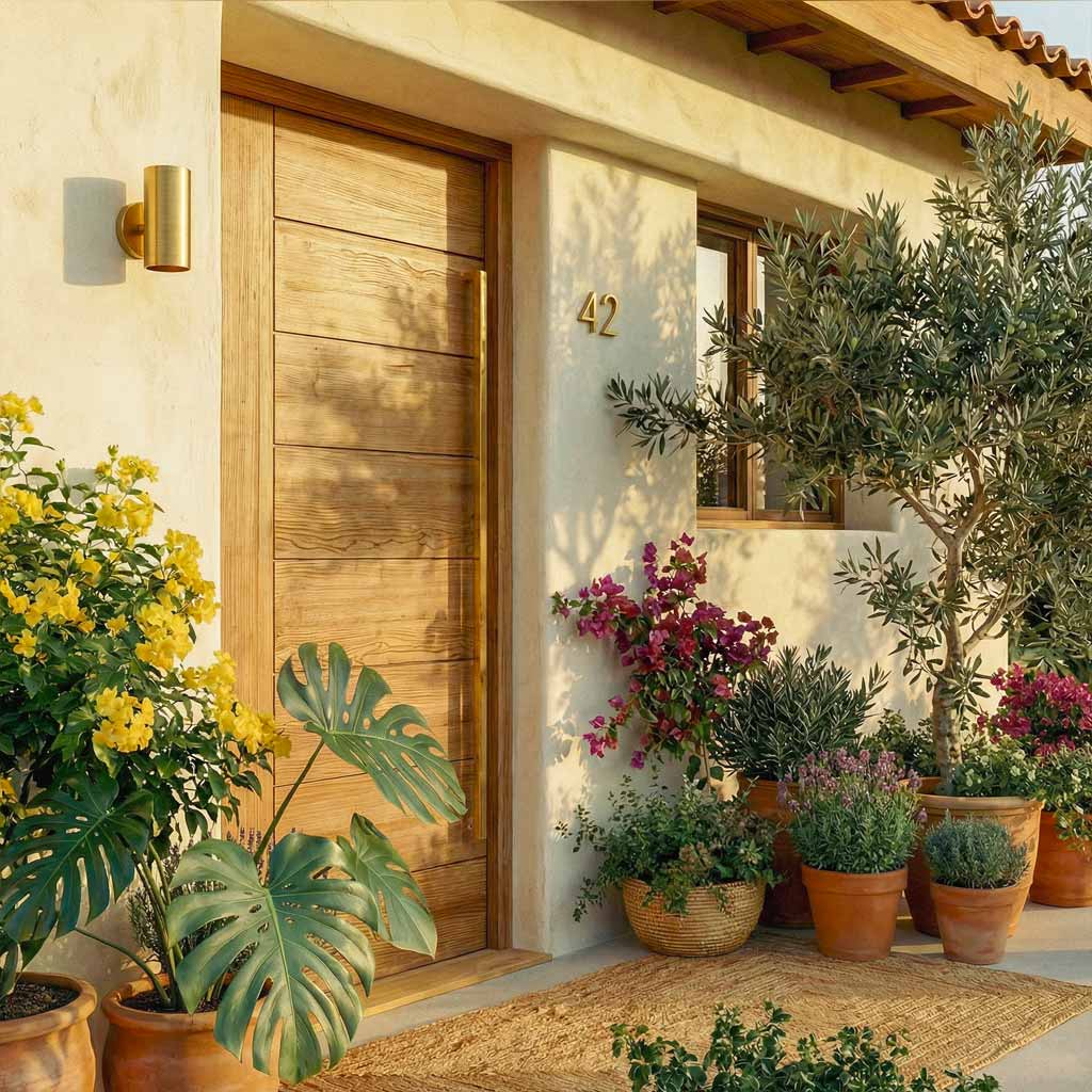 Decorative entrance with wooden door, potted plants, and a warm outdoor ambiance.