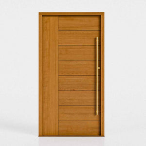 Cherry Wood moder front door with horizontal slats on a white background with a brass handle